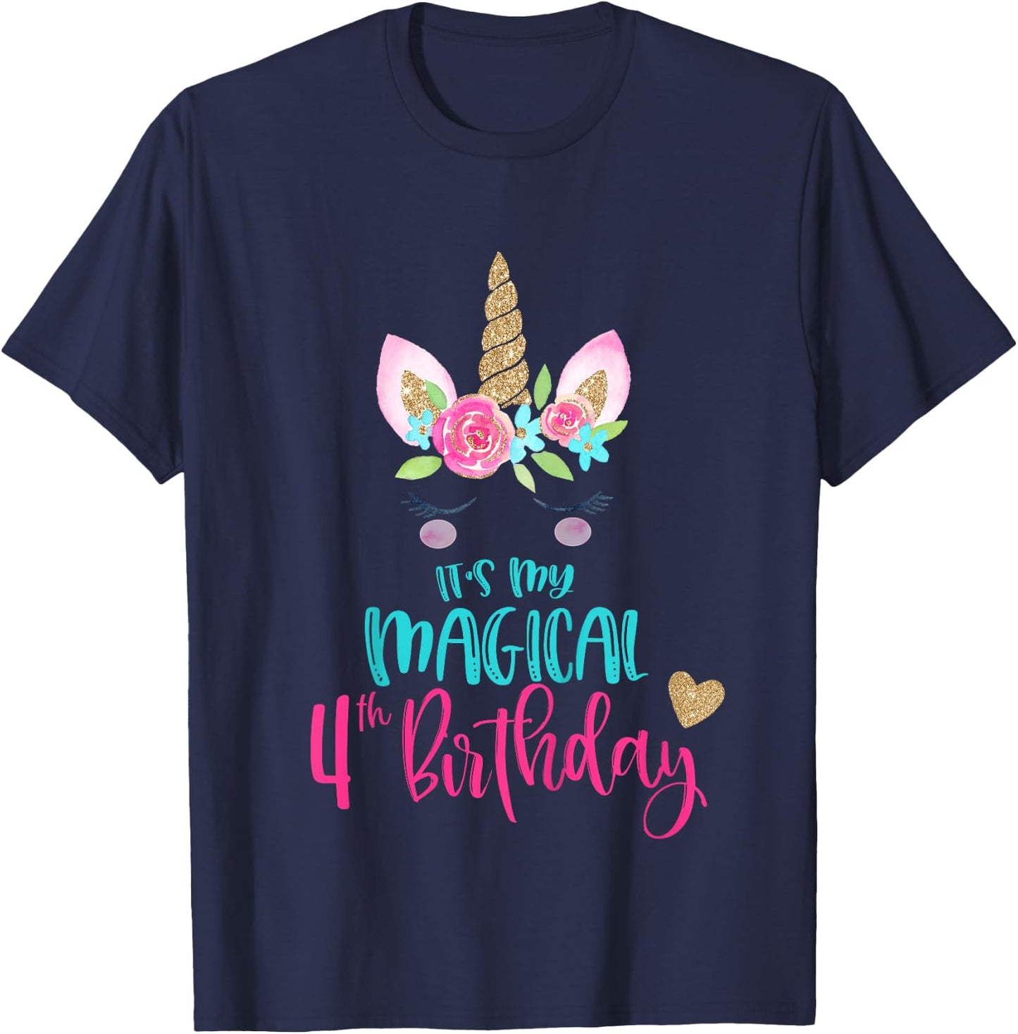 Kids Unicorn 4th Birthday Party Girls 4 Years Old T-Shirt - T-Shirt | Navy