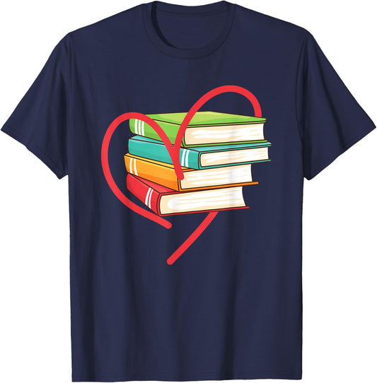I Love Reading Heart Love Books Gift Library Bookworm T-Shirt - T-Shirt | Navy