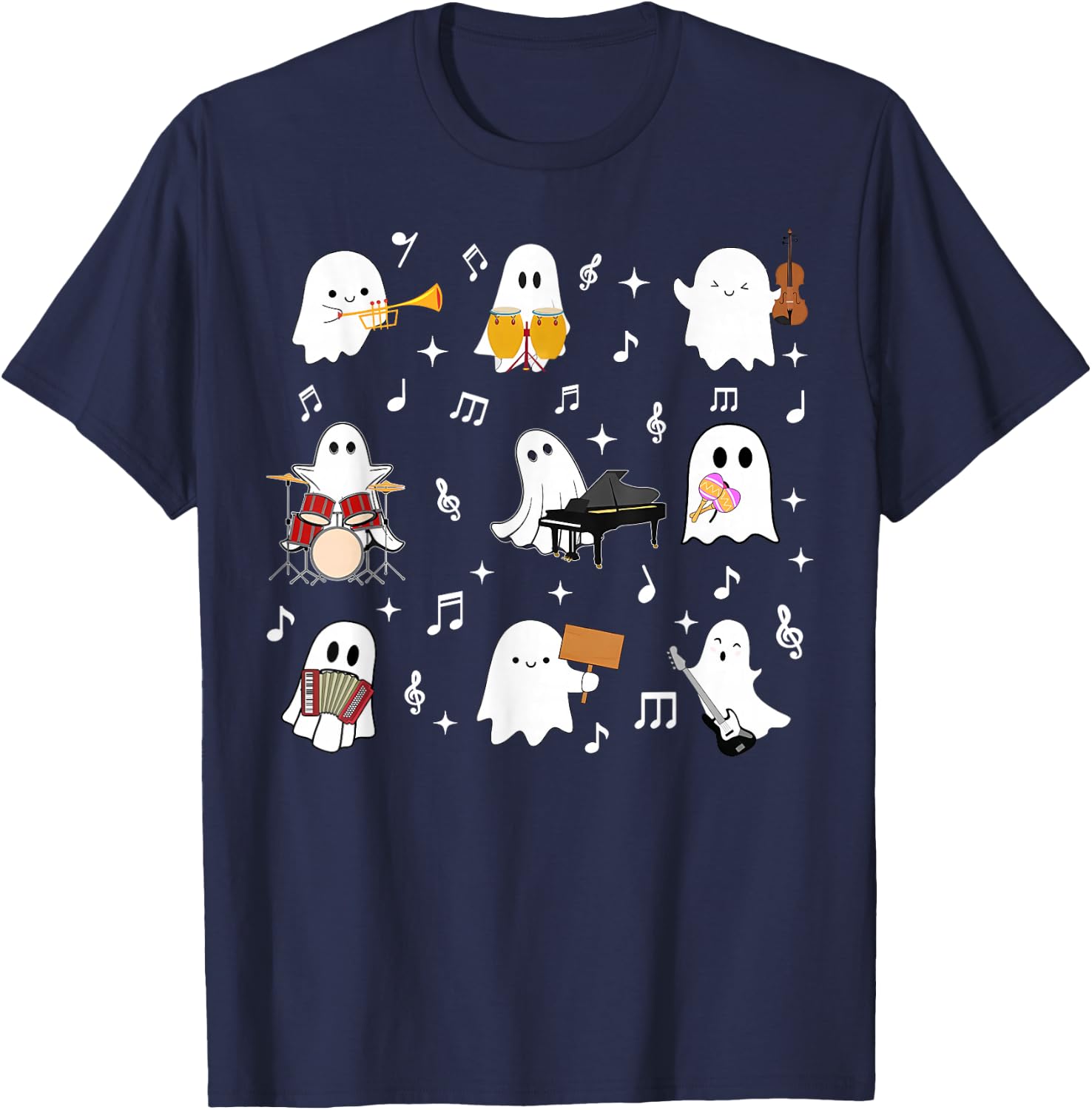 Halloween Music Teacher Ghost Playing Musical Instruments T-Shirt - T-Shirt | Navy