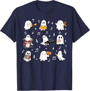 Halloween Music Teacher Ghost Playing Musical Instruments T-Shirt - T-Shirt | Navy