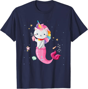 Cat Mermaid Unicorn Girl Kids T-Shirt - T-Shirt | Navy