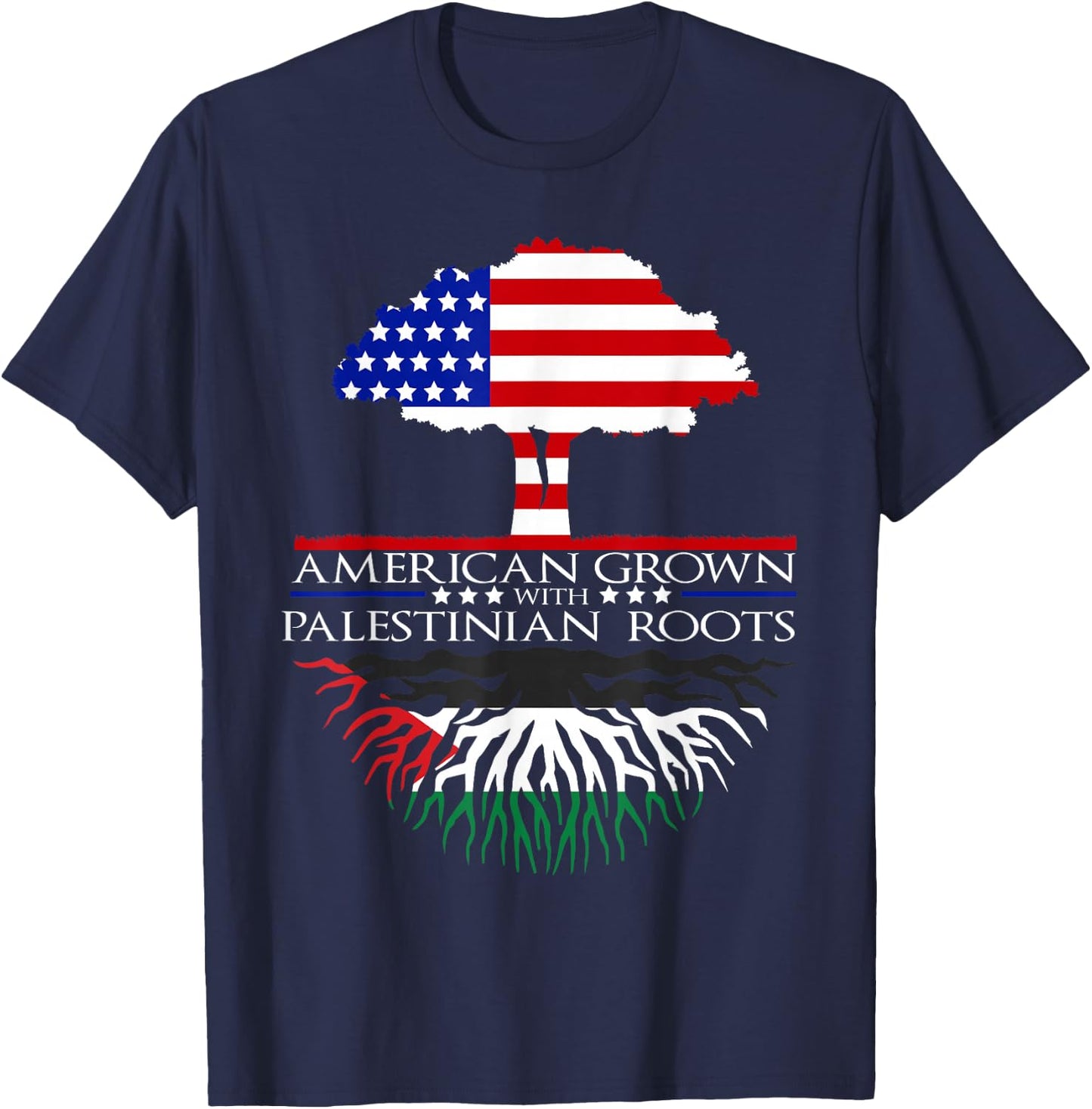 Palestinian Roots American Grown Tree Flag USA Palestine T-Shirt - T-Shirt | Navy
