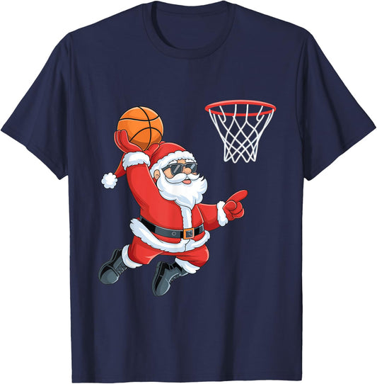 Christmas Santa Claus Dunking A Basketball Kids Boys Xmas T-Shirt - T-Shirt | Navy
