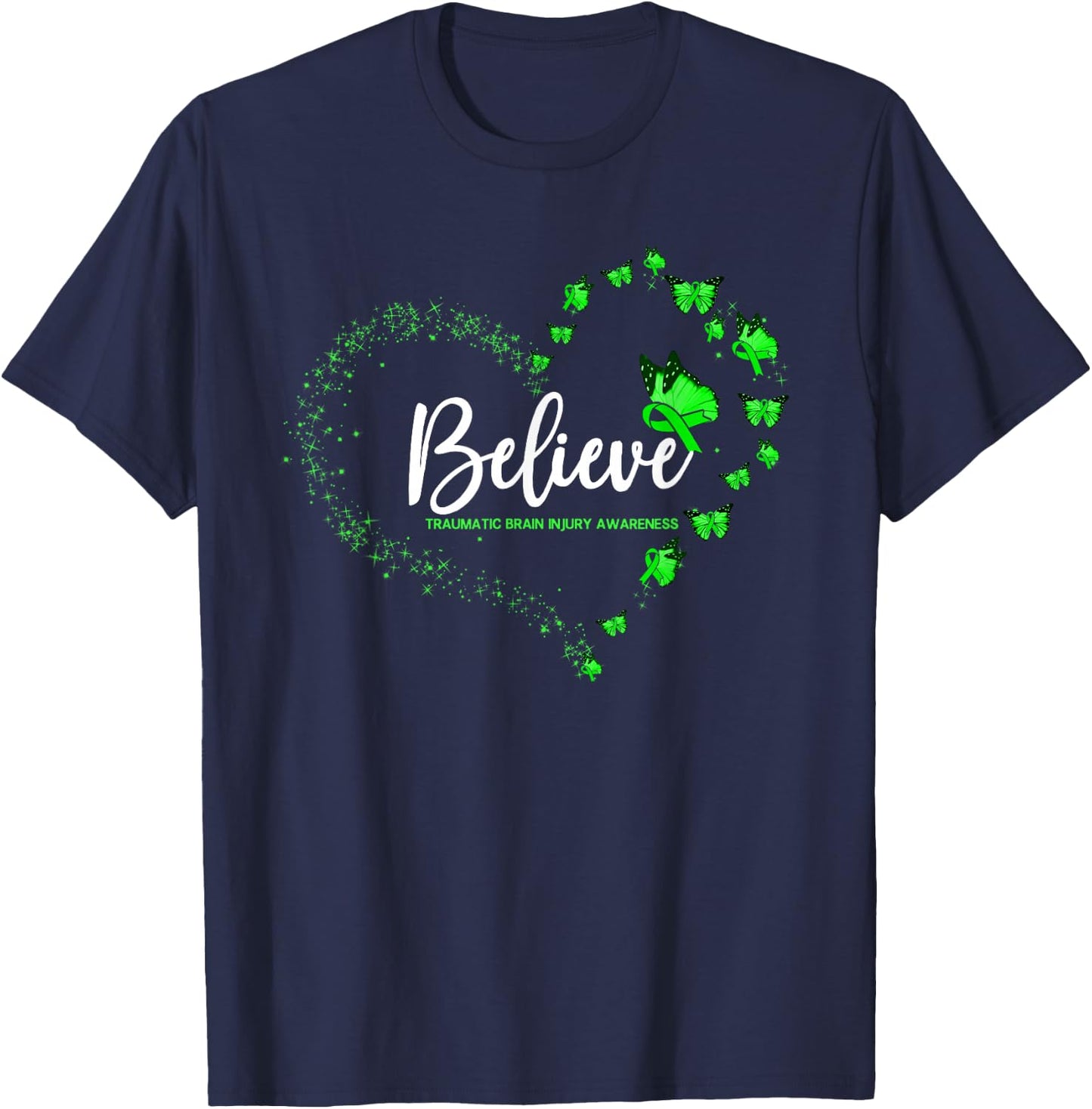 Traumatic Brain Injury Awareness Butterfly Believe T-Shirt - T-Shirt | Navy