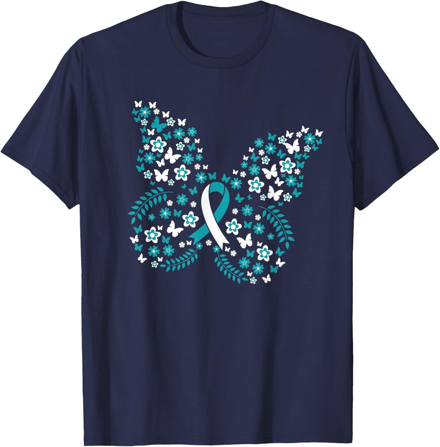 Flower Butterfly Cervical Cancer Awareness Ribbon Gifts T-Shirt - T-Shirt | Navy