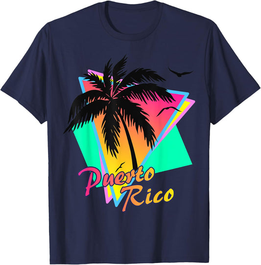 Puerto Rico 80s Tropical Summer Beach Palm Tree Sunset Men Women Kids T-Shirt - T-Shirt | Navy