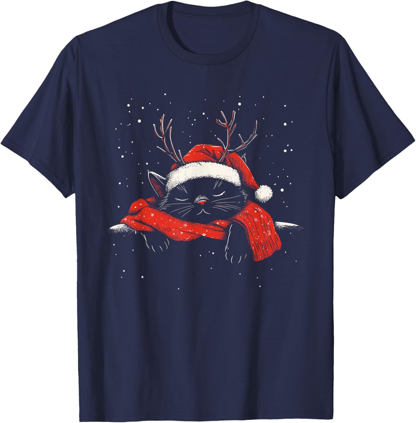 Black Cat Antlers Santa Hat Christmas Xmas Kitten Men Women T-Shirt - T-Shirt | Navy