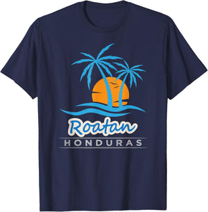 Roatan Beach Shirt - Palm Trees Sunset Honduras Roatan Beach T-Shirt - T-Shirt | Navy