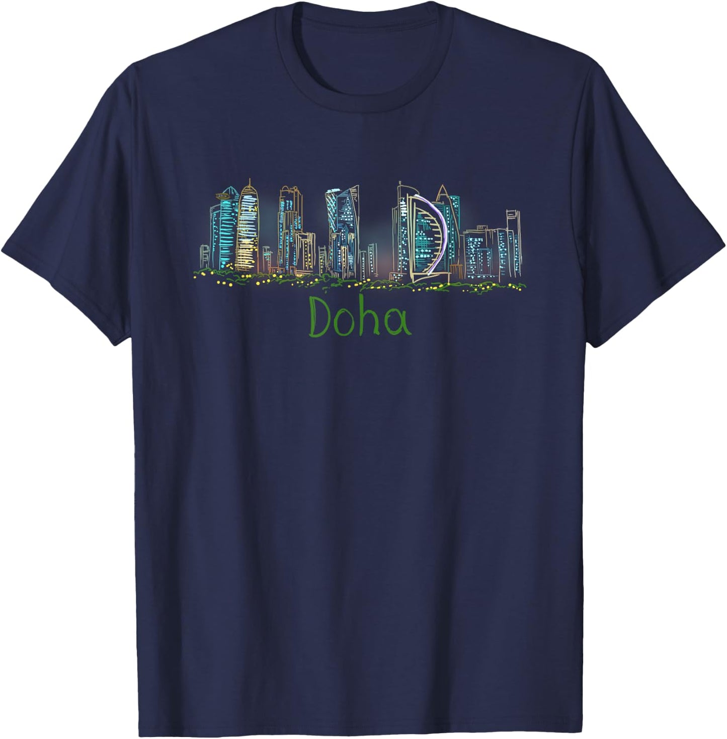 Doha Night Qatar Travel Souvenir Panarama City Landmark Gift T-Shirt - T-Shirt | Navy