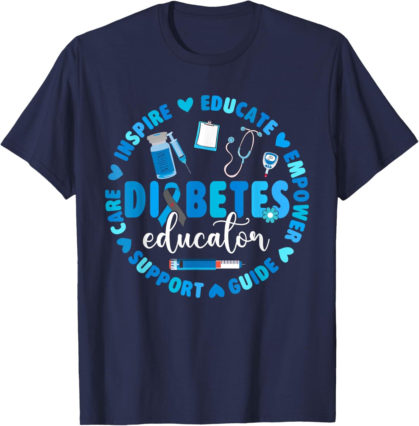 Diabetes Educator Support Diabetes Awareness Blue Ribbon T-Shirt - T-Shirt | Navy