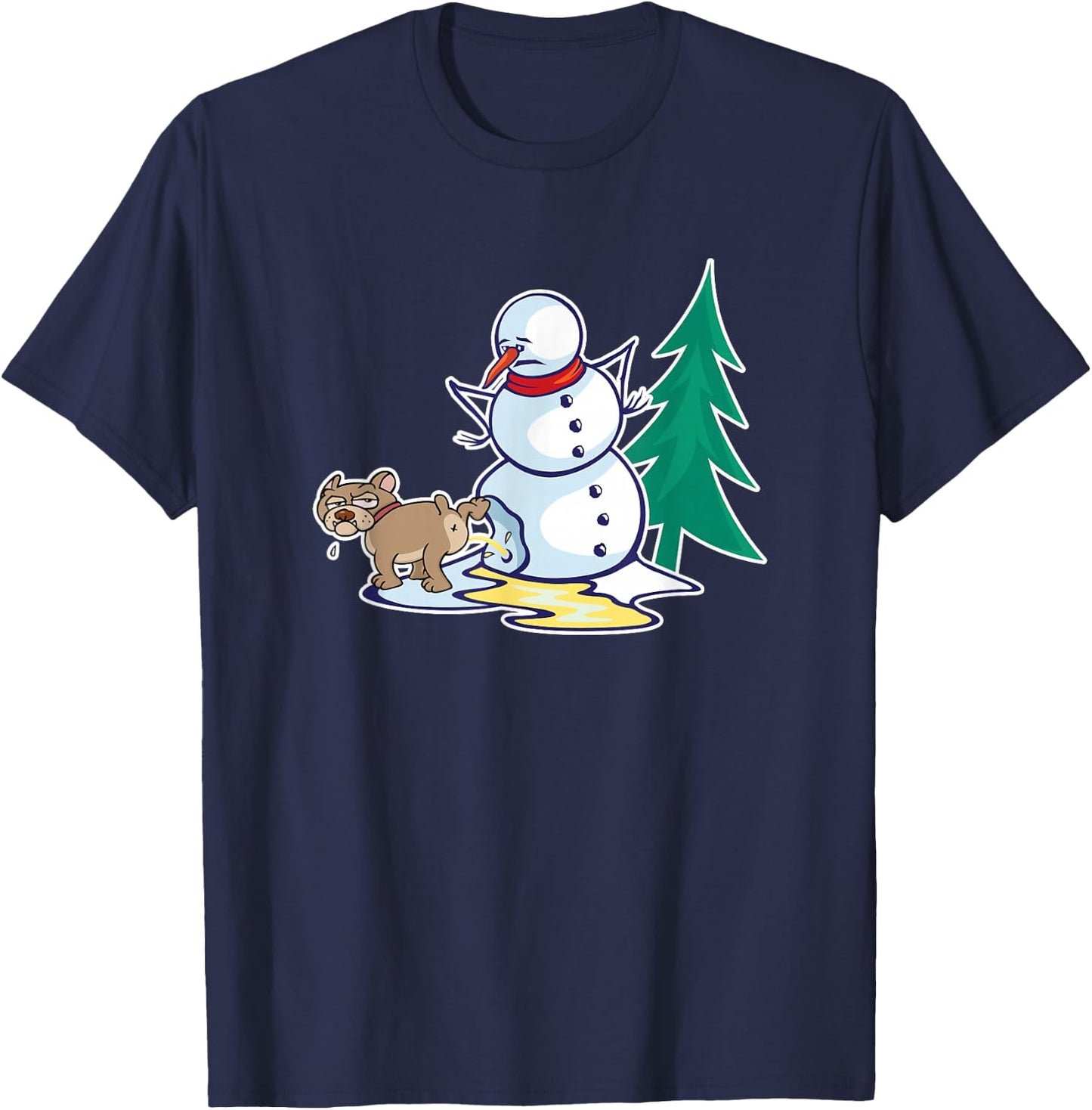 Funny Christmas Dog Peeing on Snowman Winter T-Shirt - T-Shirt | Navy