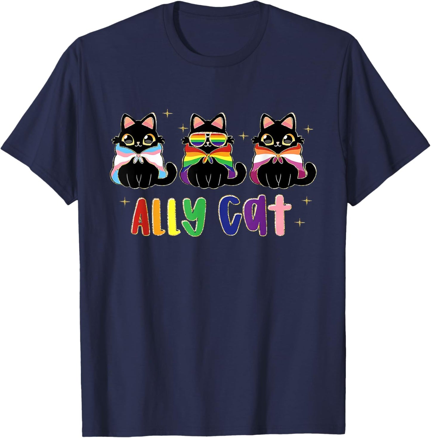 Gay Pride Month Ally Cat Funny LGBTQ Rainbow Men Women Kids T-Shirt - T-Shirt | Navy
