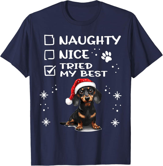Cute Dachshund Wiener Doxie dog Dog Christmas Naughty Nice T-Shirt - T-Shirt | Navy