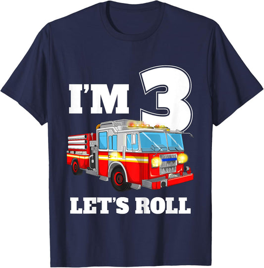 Kids Fire Truck 3rd Birthday Boy 3 Year Old Three Firefighter T-Shirt - T-Shirt | Navy