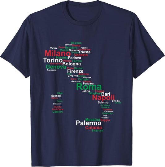 Italy Map Silhouette Flag Towns Cities Rome Travel Europe T-Shirt - T-Shirt | Navy