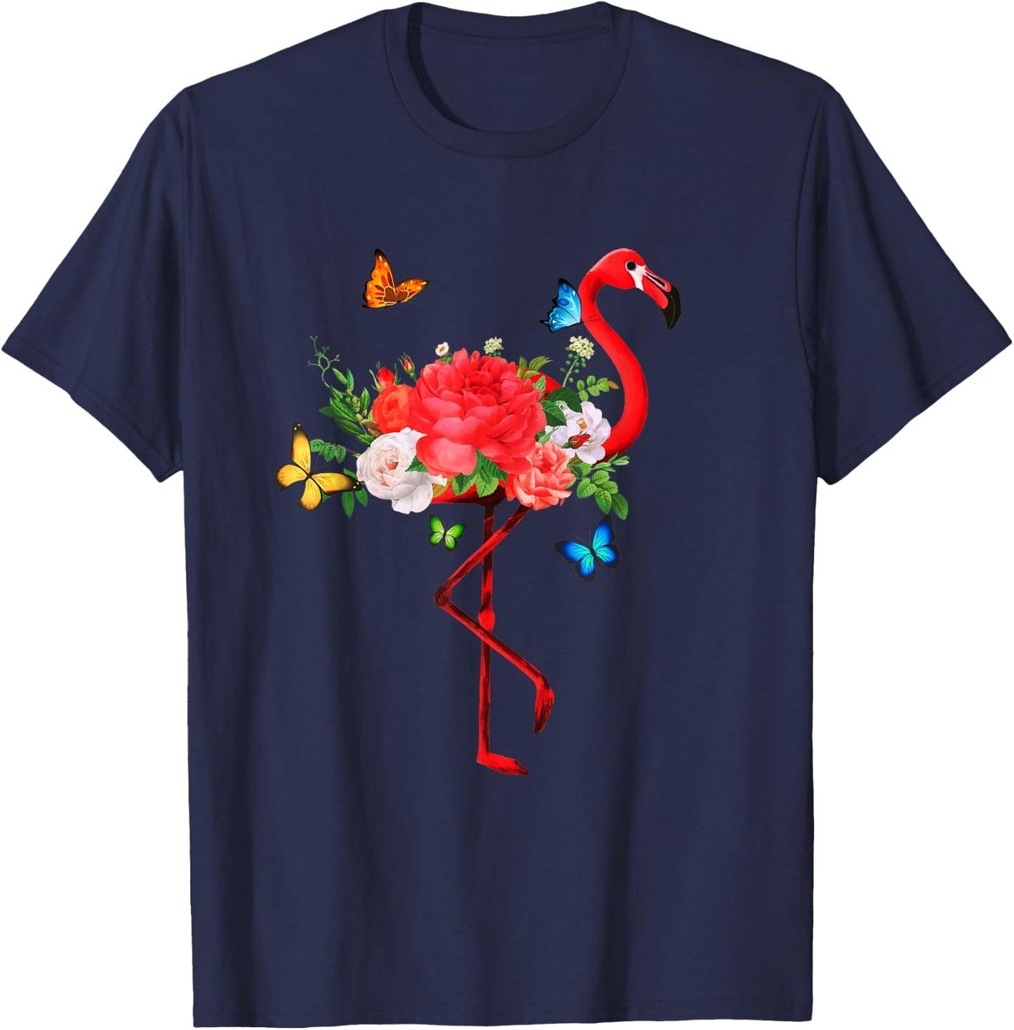 Flamingo Flowers Butterflies Summer Flamingos T-Shirt - T-Shirt | Navy