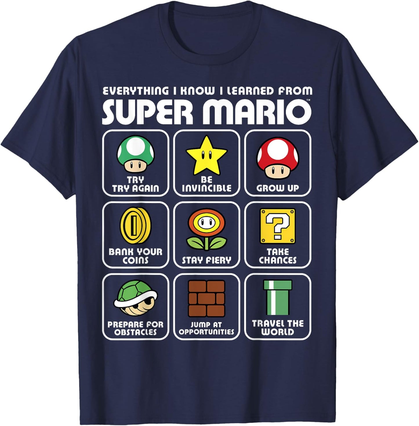 Nintendo Super Mario Life Lessons Icons Graphic T-Shirt - T-Shirt | Navy