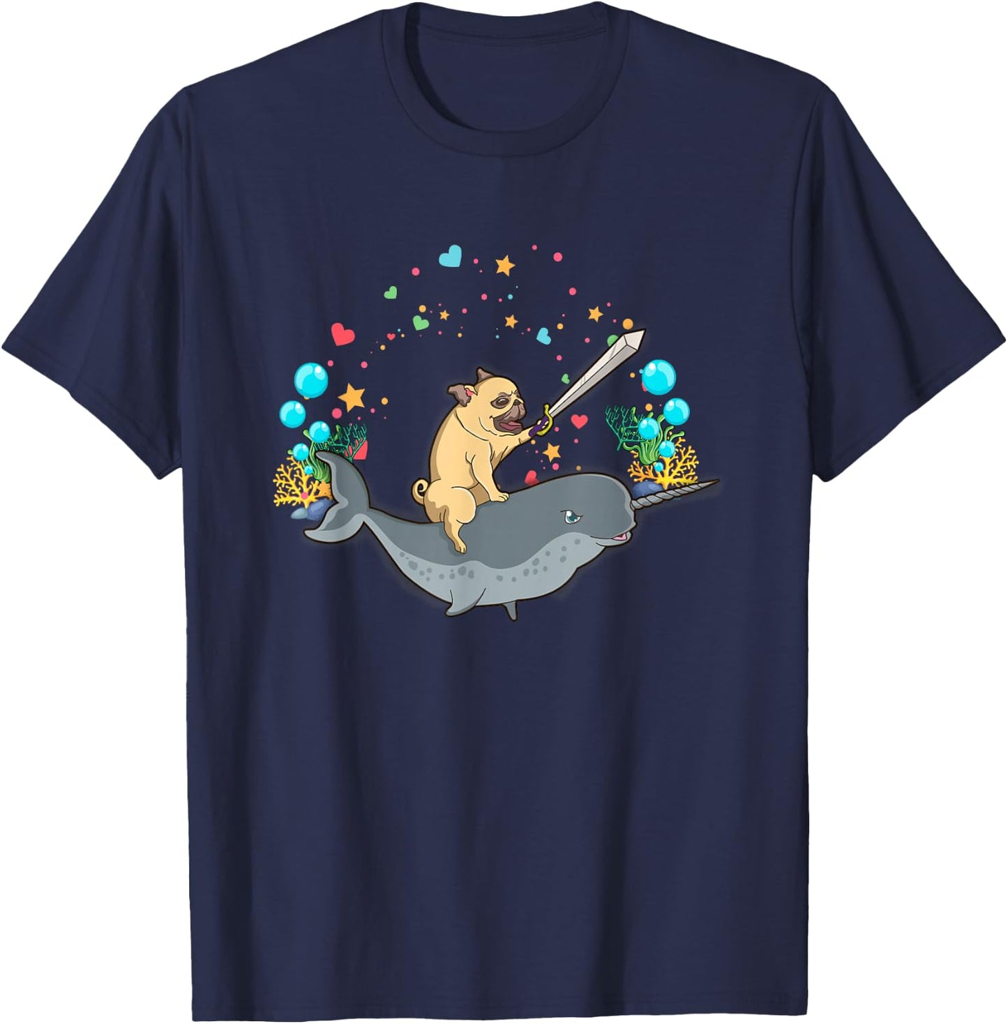 Warrior pug rides a narwhal - Cute and funny T-Shirt - T-Shirt | Navy