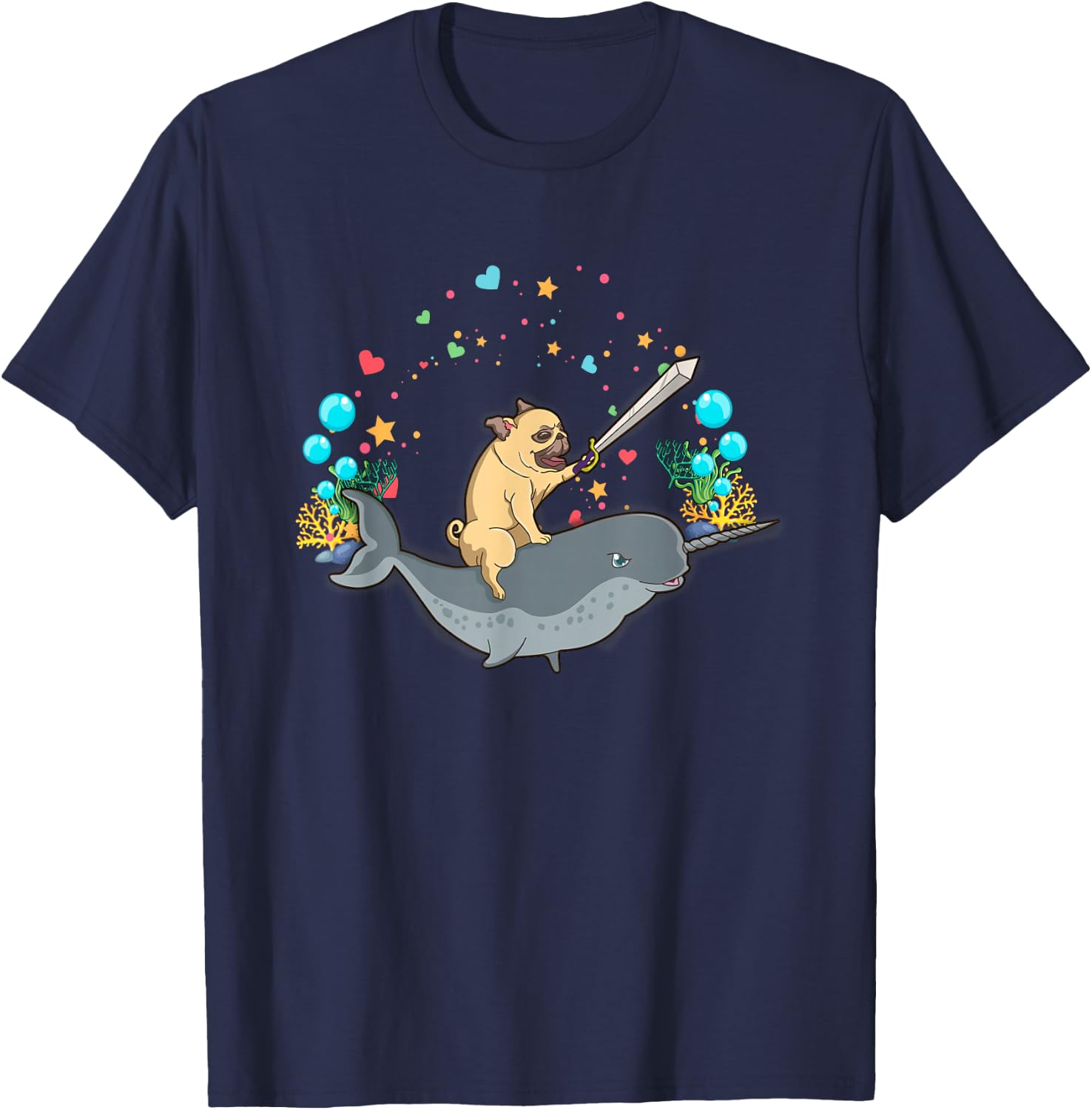 Warrior pug rides a narwhal - Cute and funny T-Shirt - T-Shirt | Navy