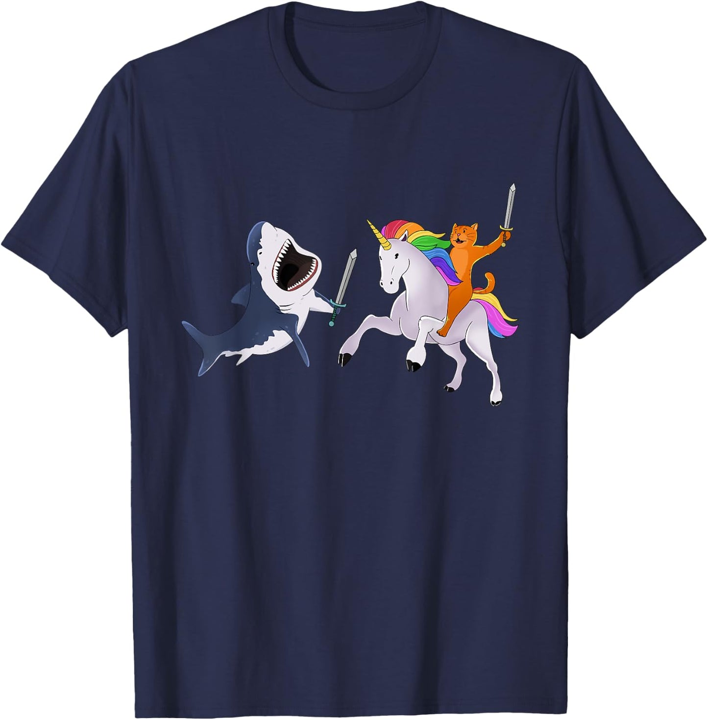 Funny Cat Riding Magical Unicorn Sword Fighting Shark T-Shirt - T-Shirt | Navy