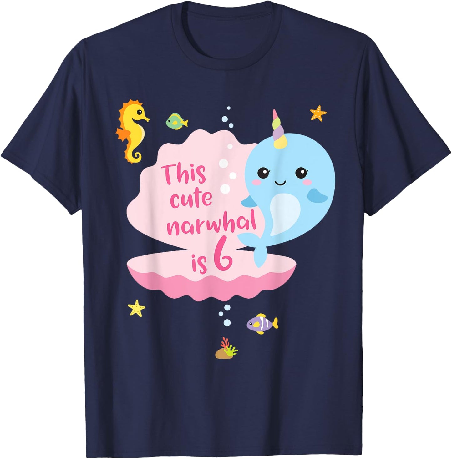 6th Birthday 6 Year Old Girl Boy Gift Narwhal Sea Unicorn T-Shirt - T-Shirt | Navy