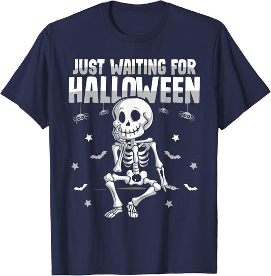 Just Waiting for Halloween Spooky Skeleton Summer Halloween T-Shirt - T-Shirt | Navy