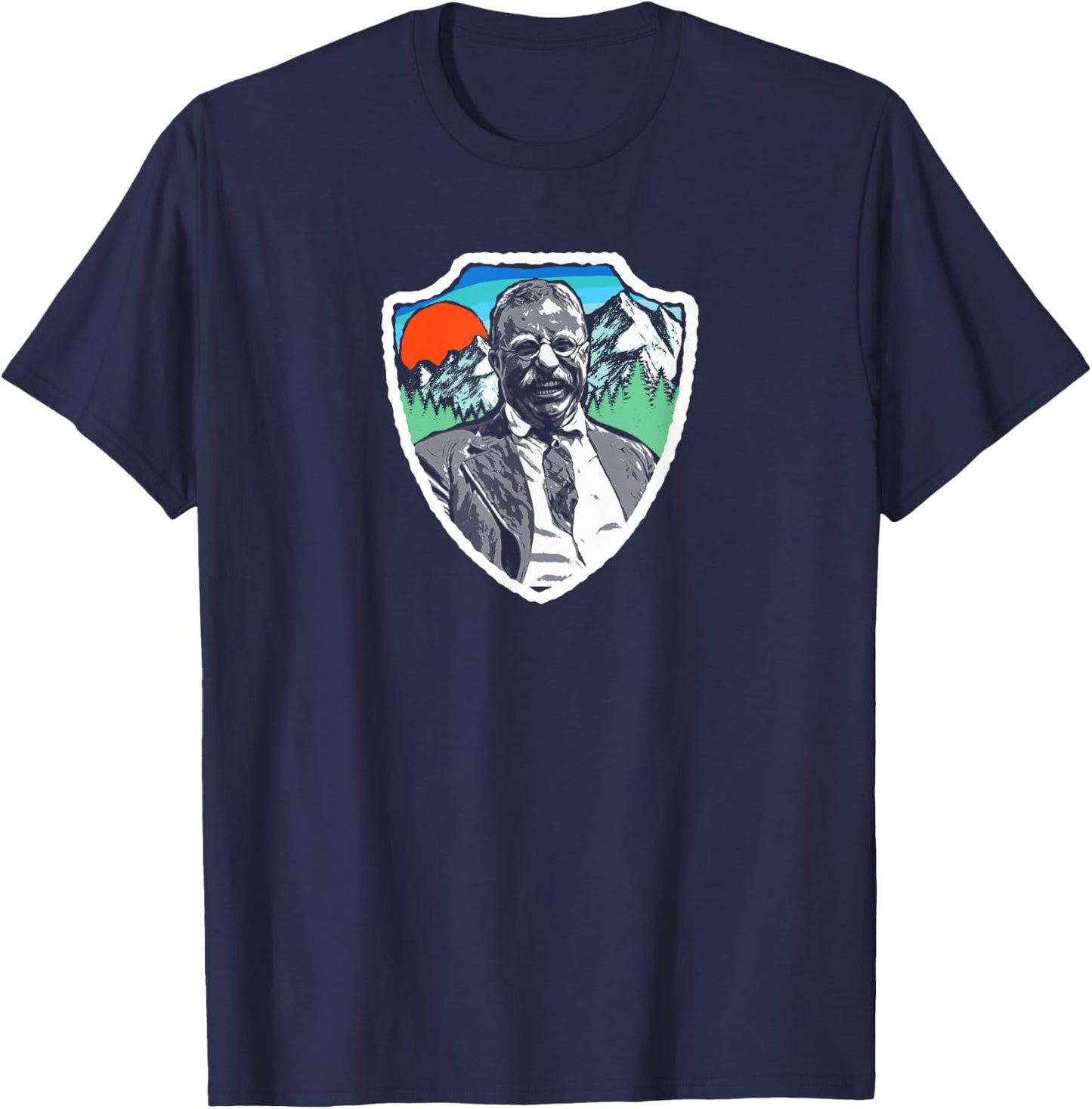 Symbiosis Supply Co. Retro Teddy Roosevelt Vintage Nature - Men's Adults Grey Graphic Short Sleeve Classic Fit Pull On - S T-Shirt - T-Shirt | Navy