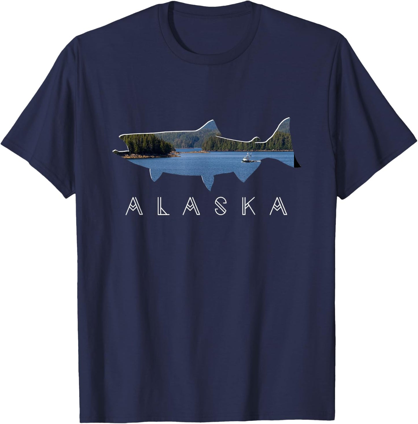 Alaskan King Salmon with Fishing Boat Saltwater Fishermen T-Shirt - T-Shirt | Navy
