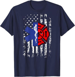 EMT Firefighter Shirt Firefighter American Flag Back Print Women Girls Kids Men T-Shirt - T-Shirt | Navy