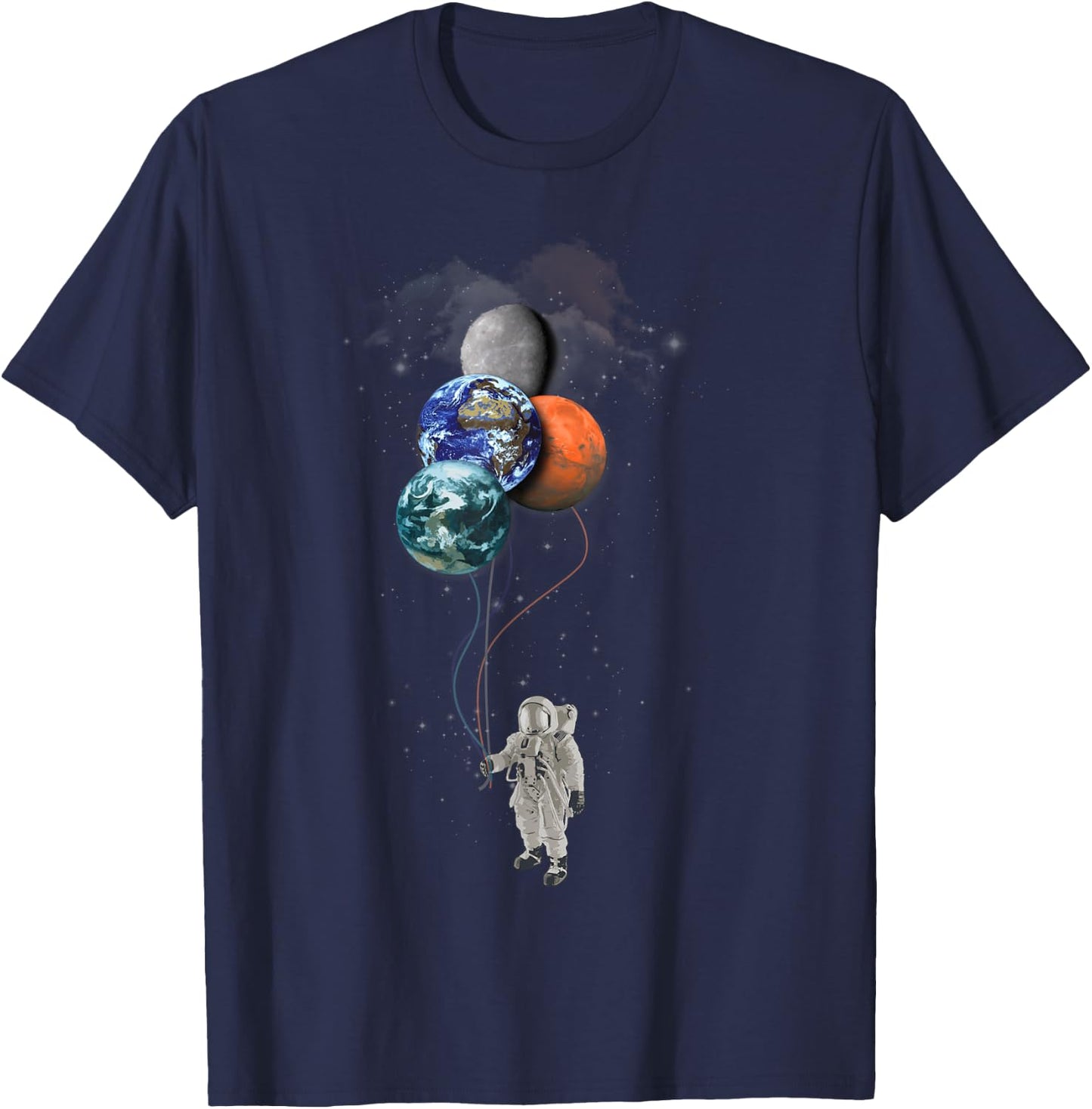 Astronaut Holding Planet Balloons Shirt - Psychedelic T-Shirt - T-Shirt | Navy