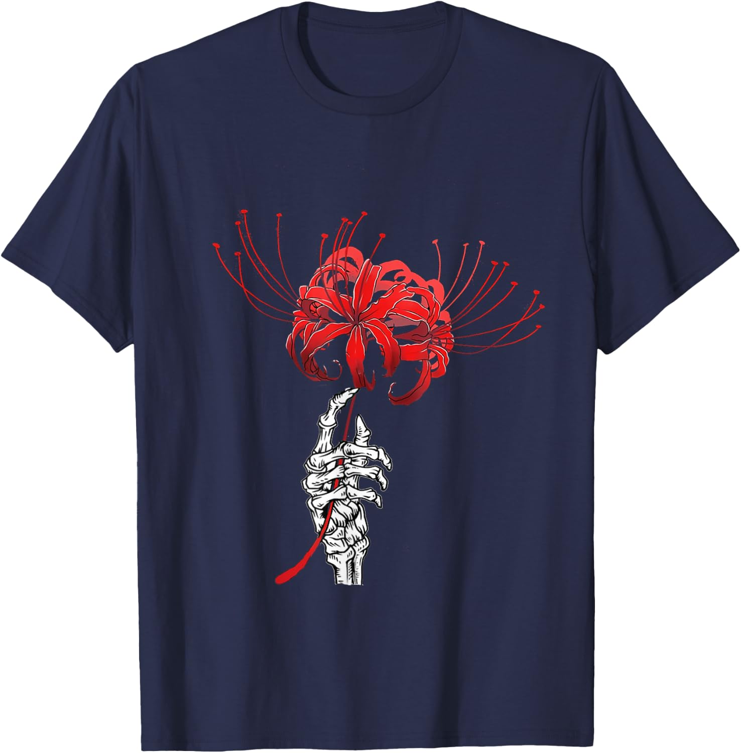 Skeleton Hand Holding Red Spider Lily Aesthetic Red Flower T-Shirt - T-Shirt | Navy