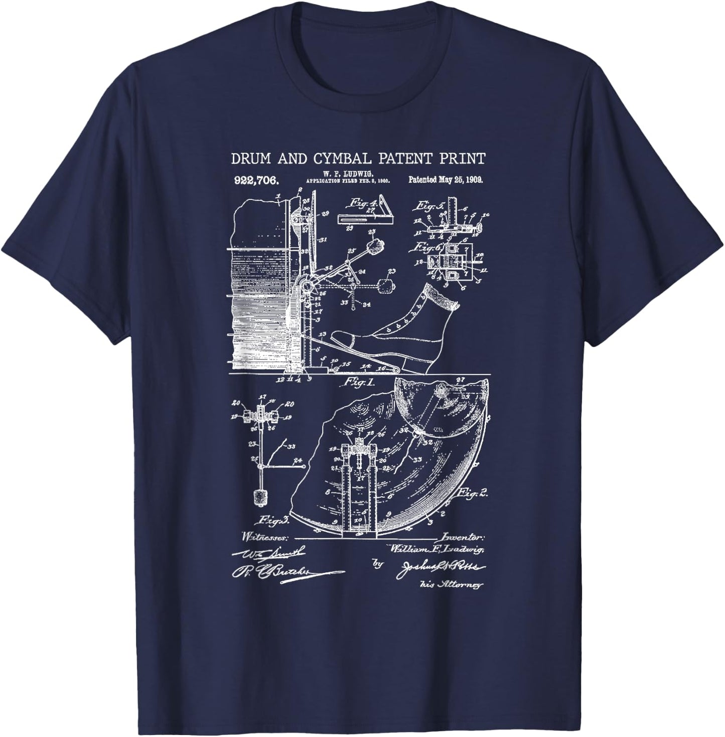 Drum And Cymbal Patent Print 1909 - Vintage Patent Music Art T-Shirt - T-Shirt | Navy