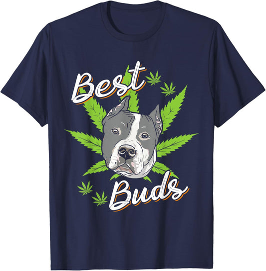 Best Buds Weed Pitbull Dog with Gold Marijuana Leaf Dog Gift T-Shirt - T-Shirt | Navy