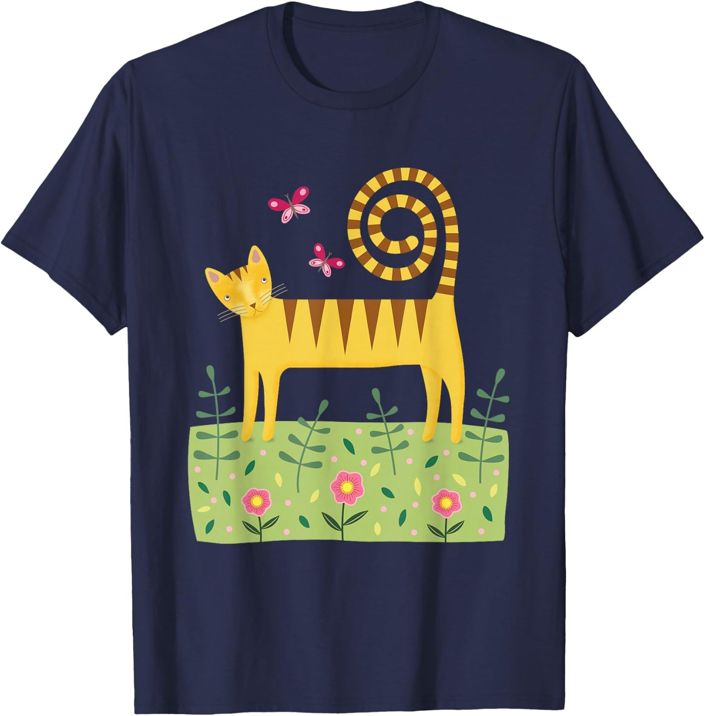Cat in the Garden with Butterflies Men Women Kids T-Shirt - T-Shirt | Navy
