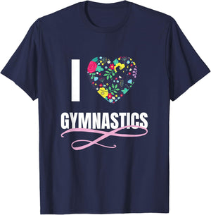 I Love Gymnastics Flower Heart Shape Girls Gift T-Shirt - T-Shirt | Navy