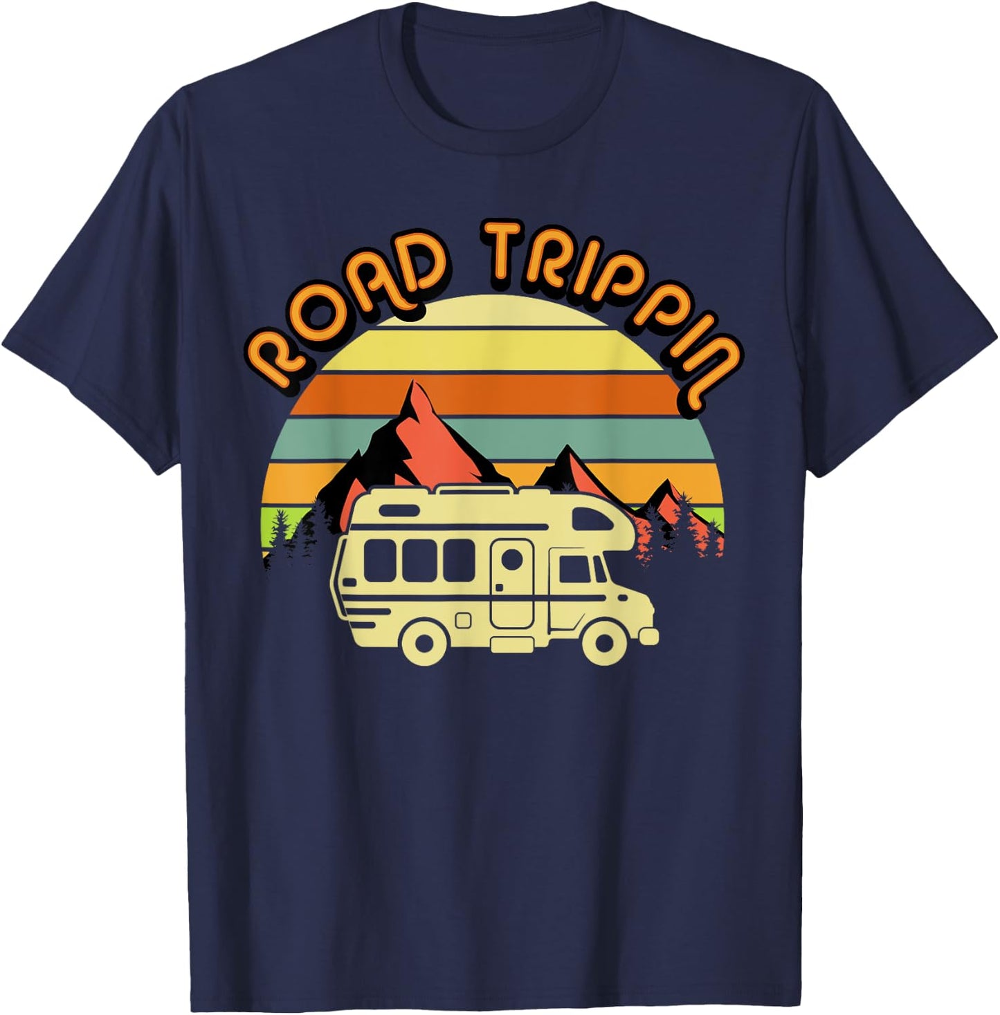 Road Trippin Retro Vintage 70's Road Trip Camping RV Camper T-Shirt - T-Shirt | Navy