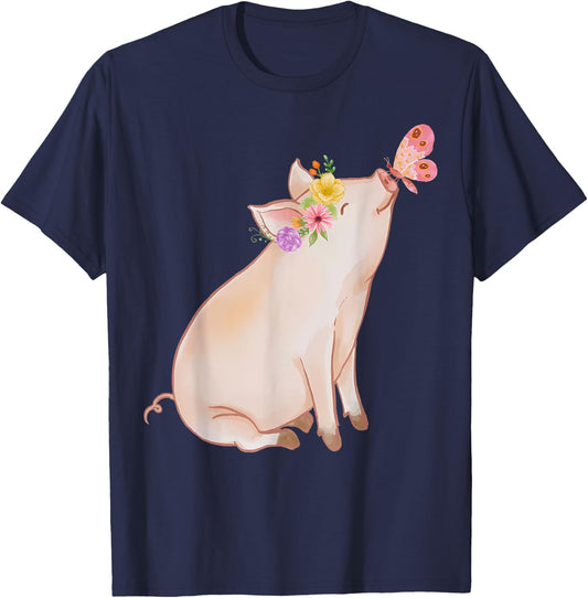 Watercolor Pink Pig With Floral And Butterfly Farm Design T-Shirt - T-Shirt | Navy