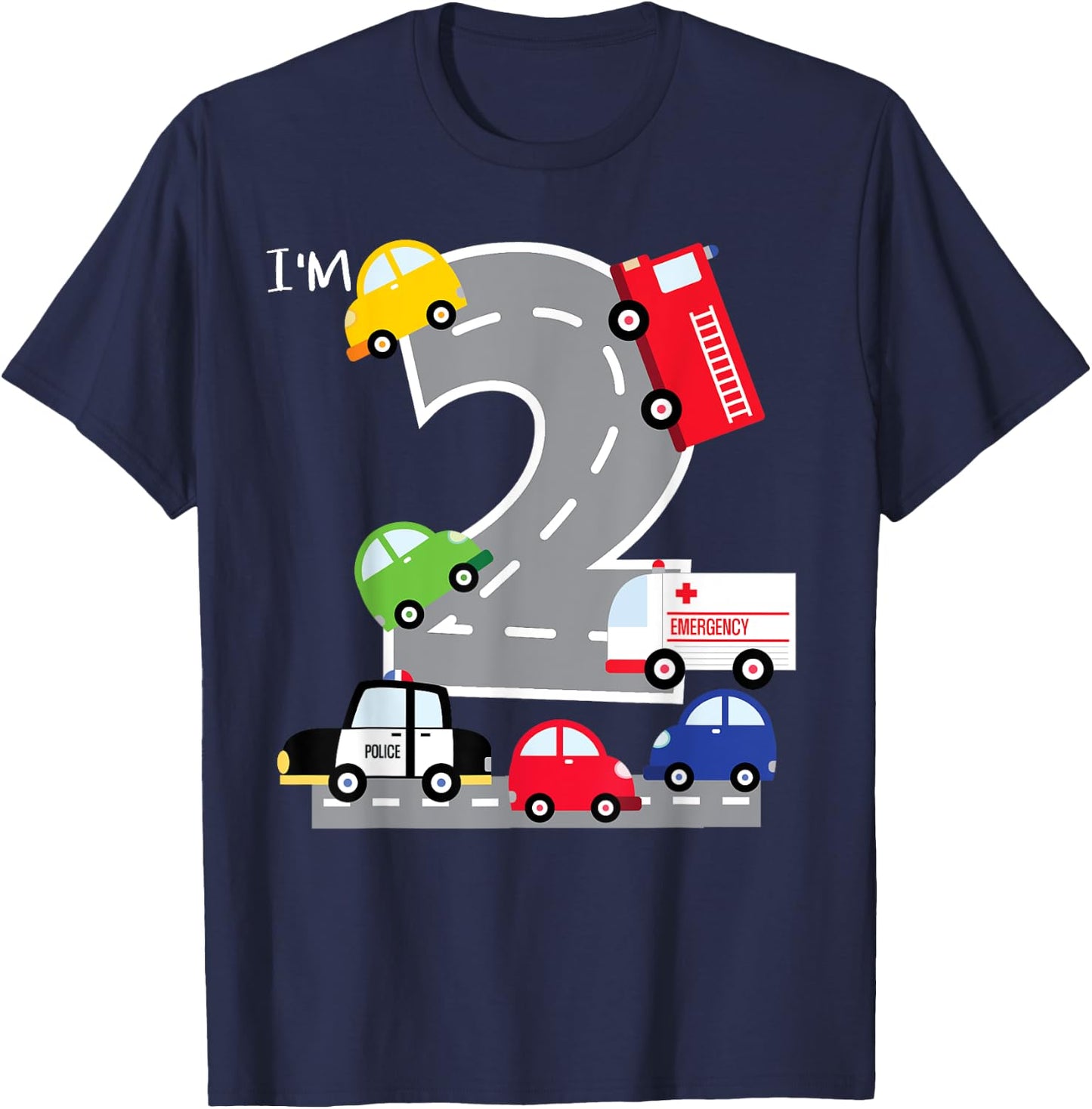 2nd Birthday 2 Year Old Transportation Cars Fire Truck T-Shirt - T-Shirt | Navy
