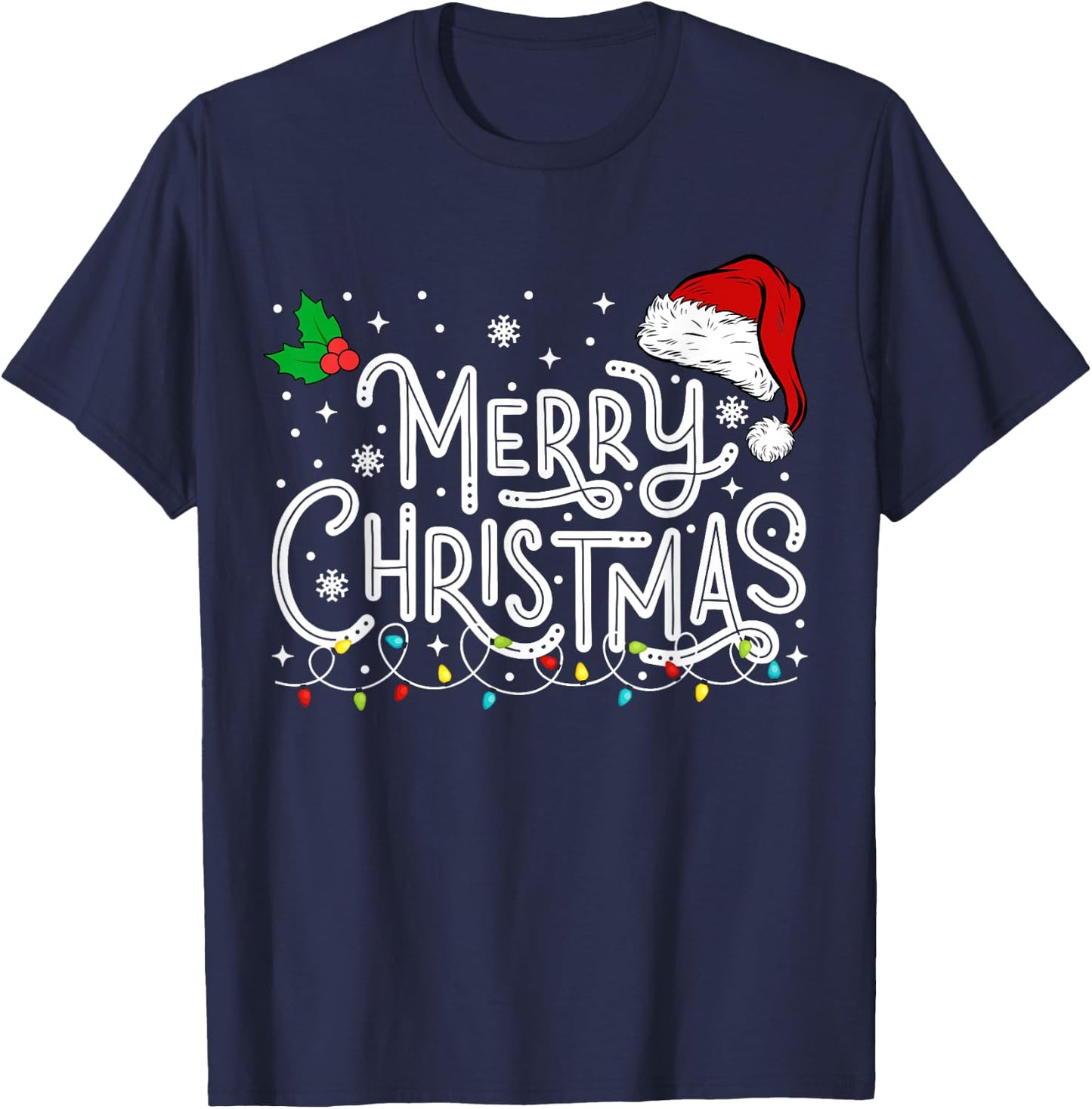 Merry Christmas Lights Red Santa Hat Xmas Family Men Women T-Shirt - T-Shirt | Navy