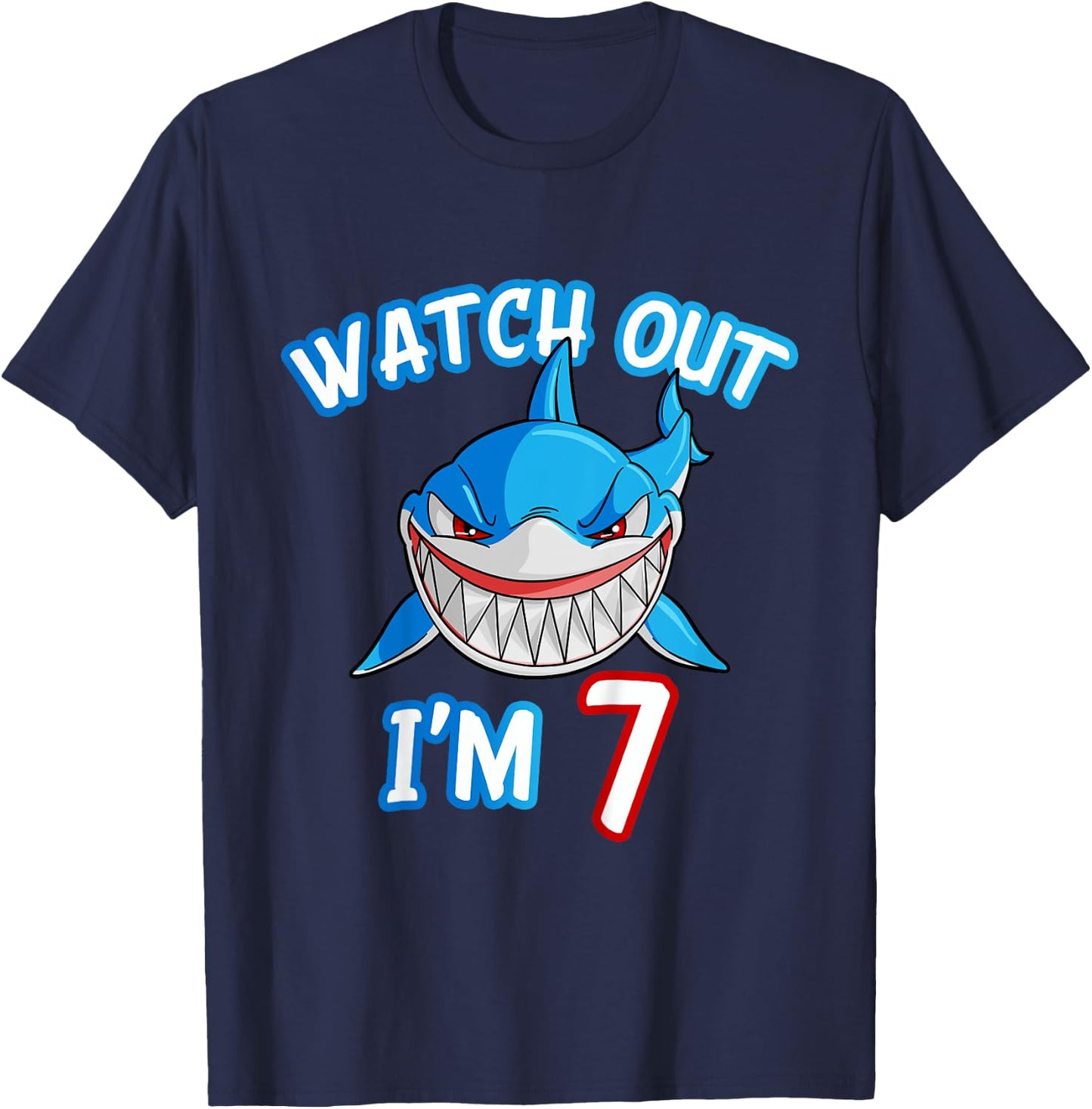 Kids 7 Yrs old Boy Watch Out Shark SHIRT 7th Birthday T-Shirt - T-Shirt | Navy
