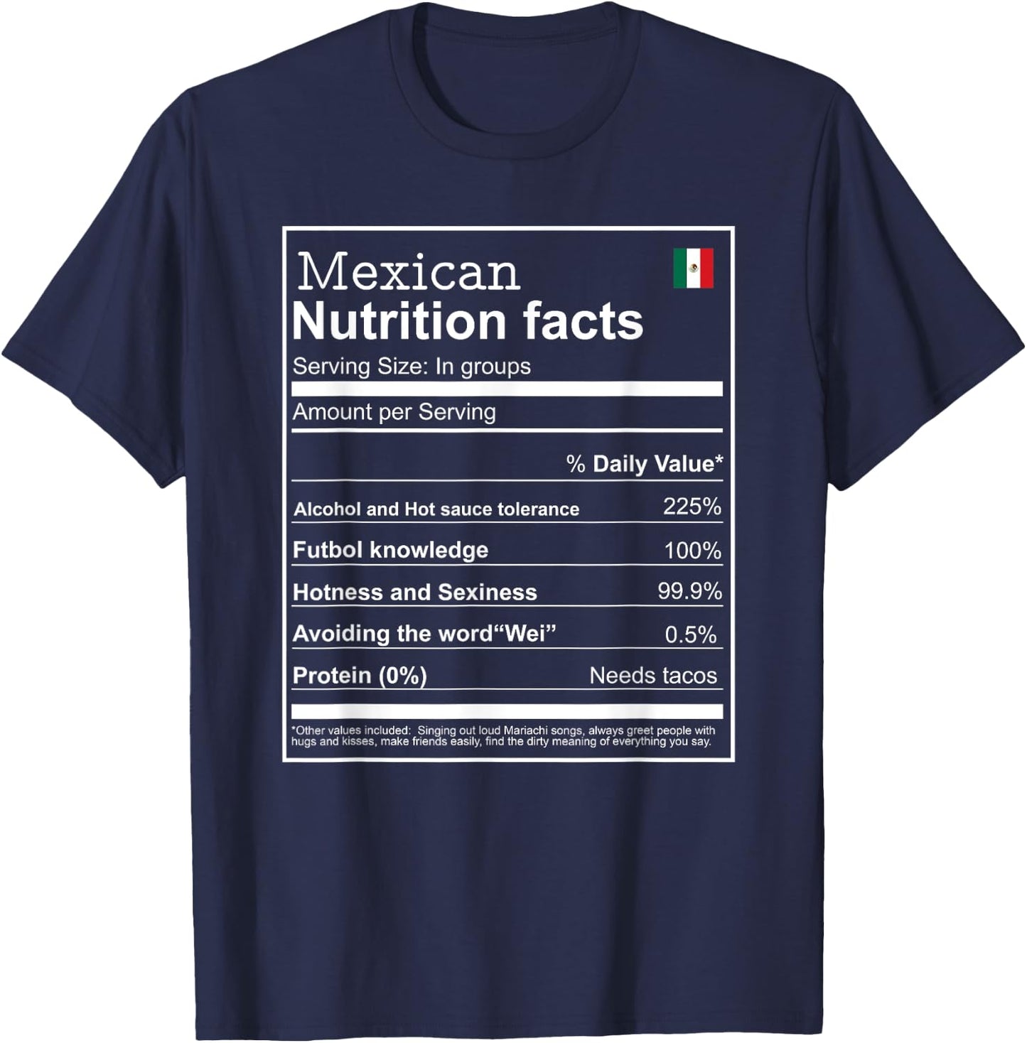 Mexican mexicano Nutrition Facts Men women Funny cool T-Shirt - T-Shirt | Navy