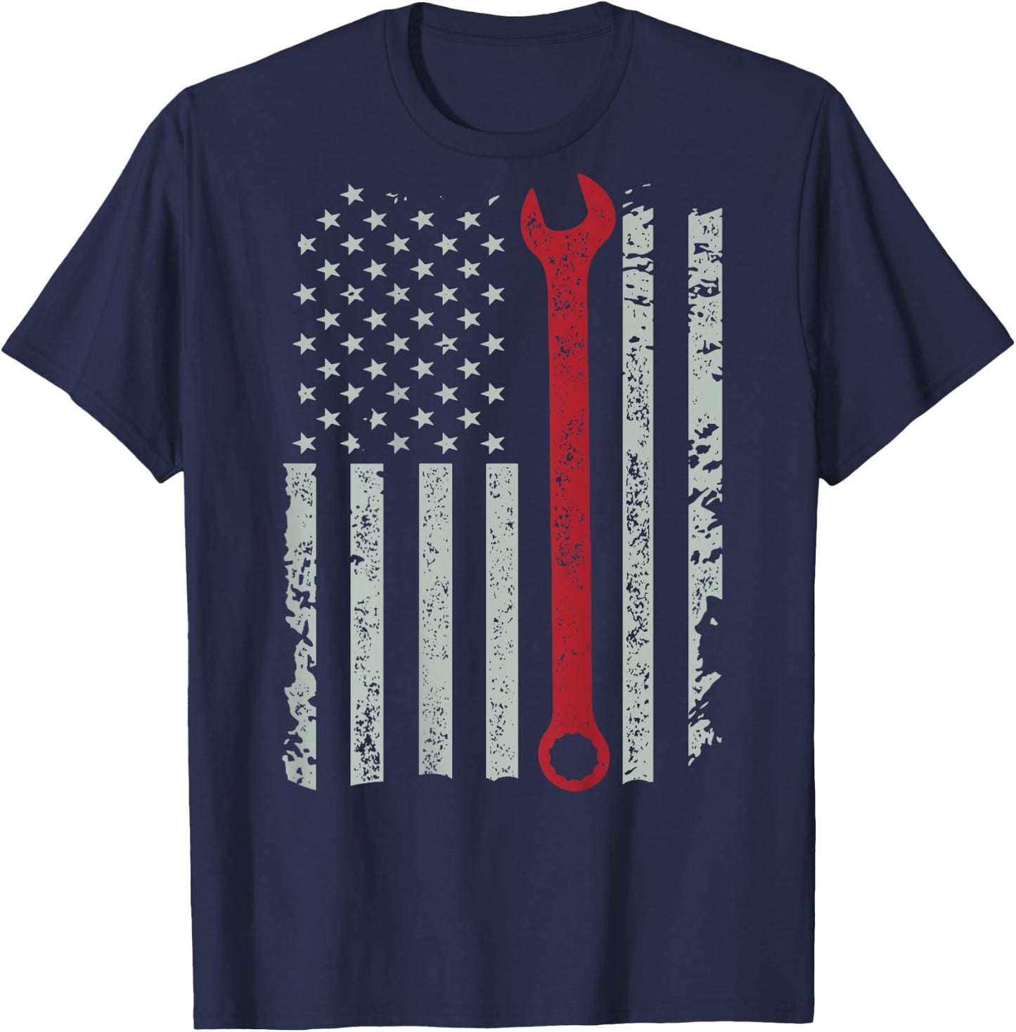 American flag mechanic wrench shirt patriotic design T-Shirt - T-Shirt | Navy