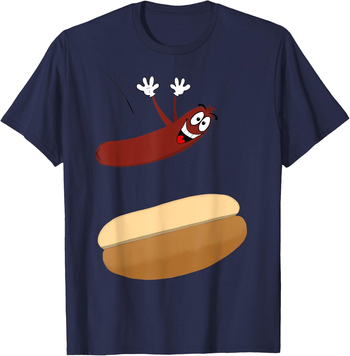 Happy Cartoon Hot Dog Jumping into a Bun T-Shirt - T-Shirt | Navy