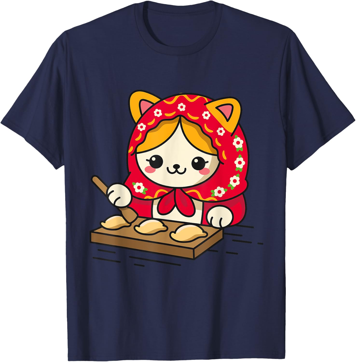 Cute Cat Wearing Head Scarf Making Pierogi Polish Men Women Kids T-Shirt - T-Shirt | Navy