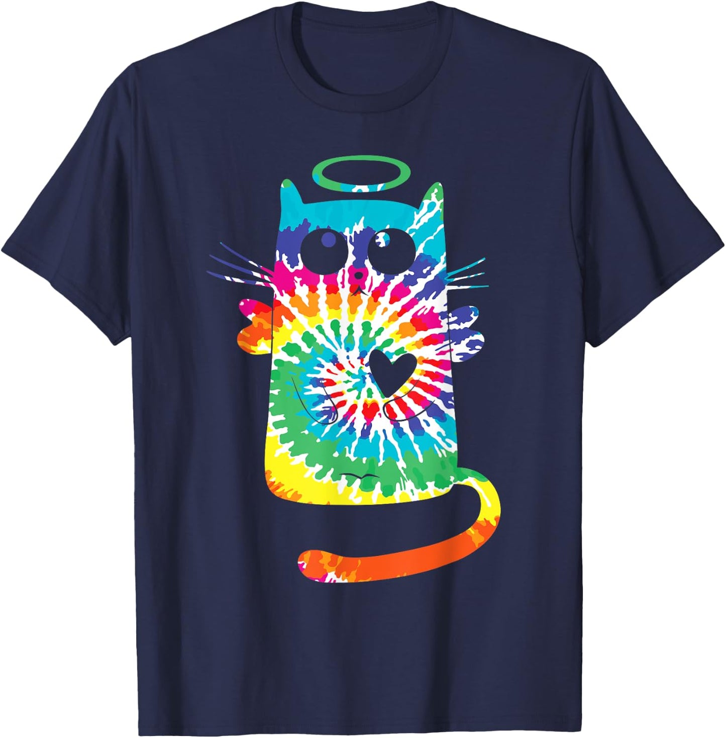 Fun Cat Hippie Rainbow Tie Dye Angel Cat with Heart and Halo Women Kids T-Shirt - T-Shirt | Navy
