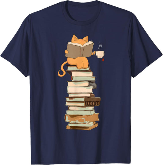 Kawaii Cat Librarian Print Cat Lover Gifts Graphic T-Shirt - T-Shirt | Navy