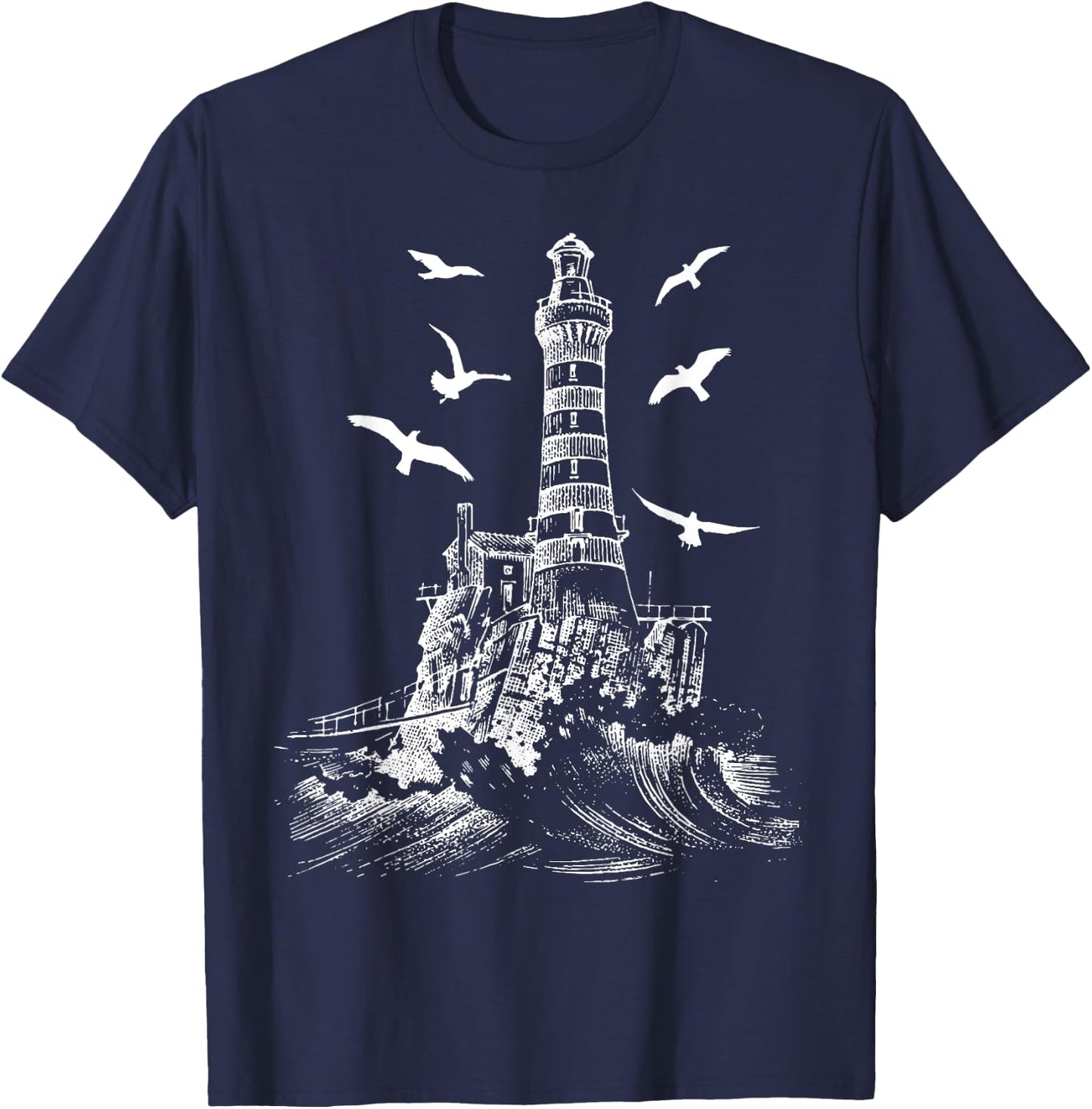 Seagull Silhouette Illustrated Lighthouse Image Gift T-Shirt - T-Shirt | Navy