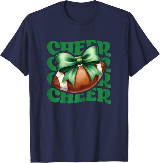 Game Day Green Cheerleader Mom Croquette Bow Football Cheer T-Shirt - T-Shirt | Navy