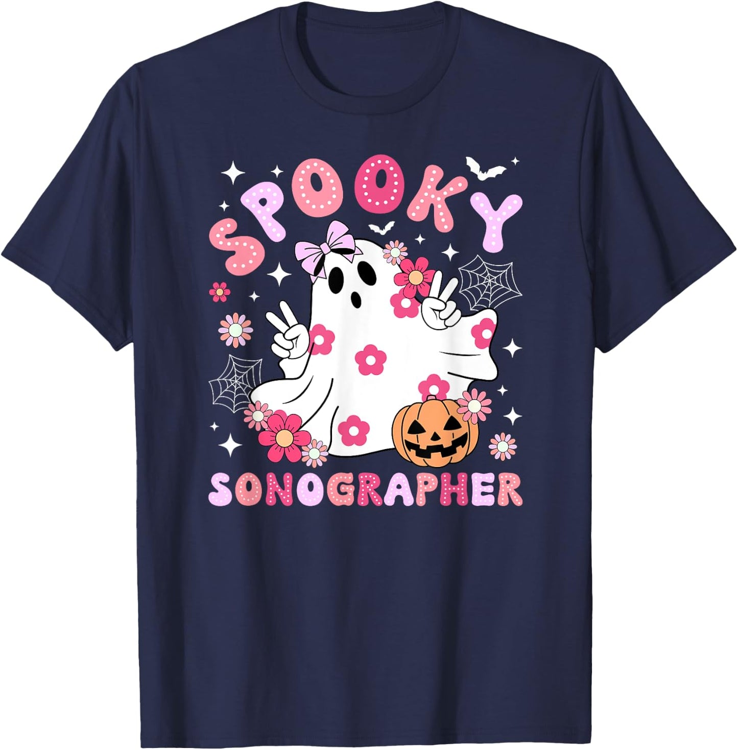 Spooky Sonographer Halloween Sonography Groovy T-Shirt - T-Shirt | Navy