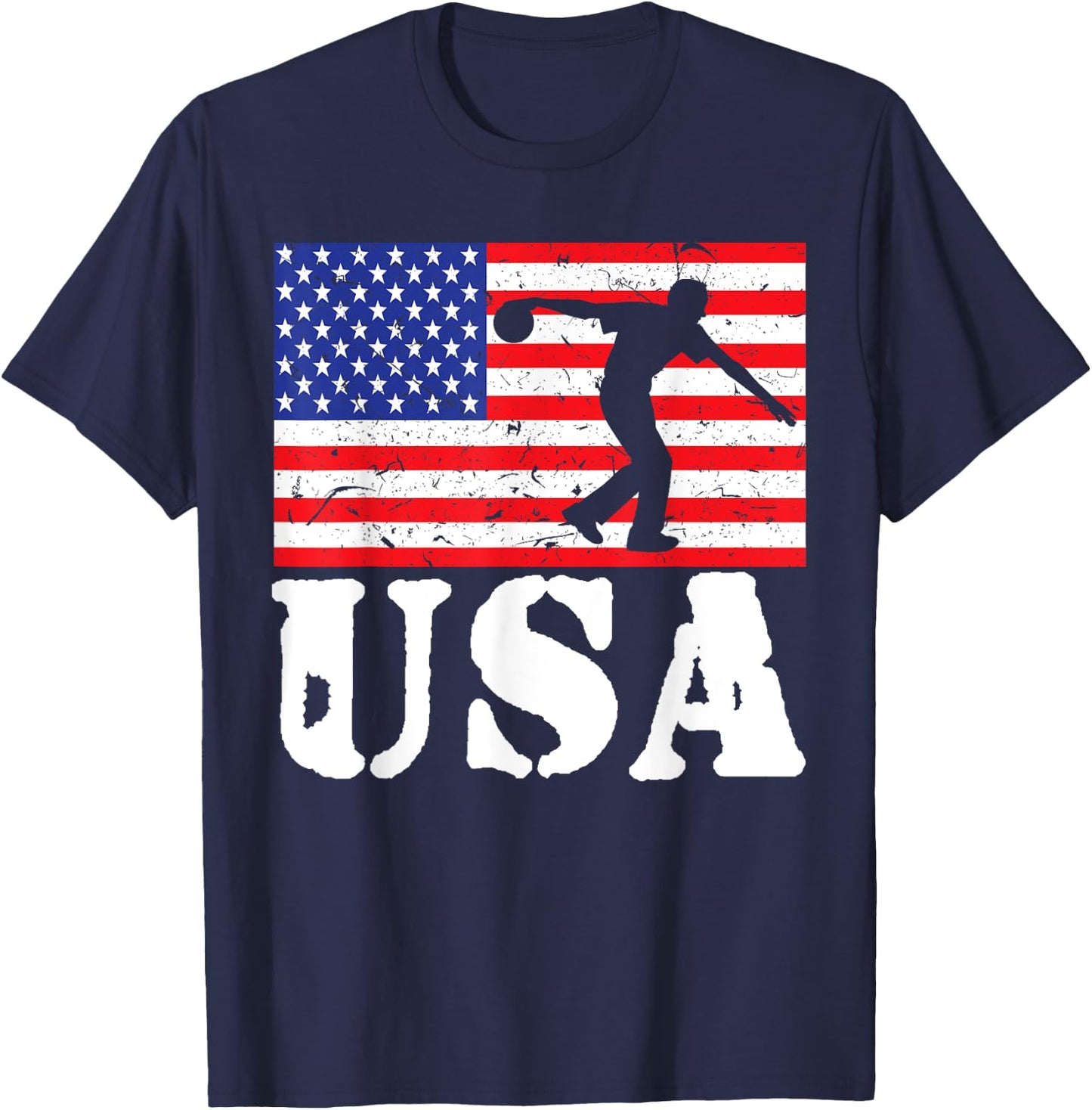 Distressed Bowling USA American Flag Vintage Bowler Player Women Girls Kids Men T-Shirt - T-Shirt | Navy